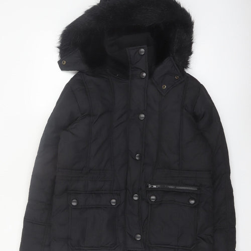 St. Bernard Women’s Black Hooded Puffer Jacket Size 8 Faux Fur Trim