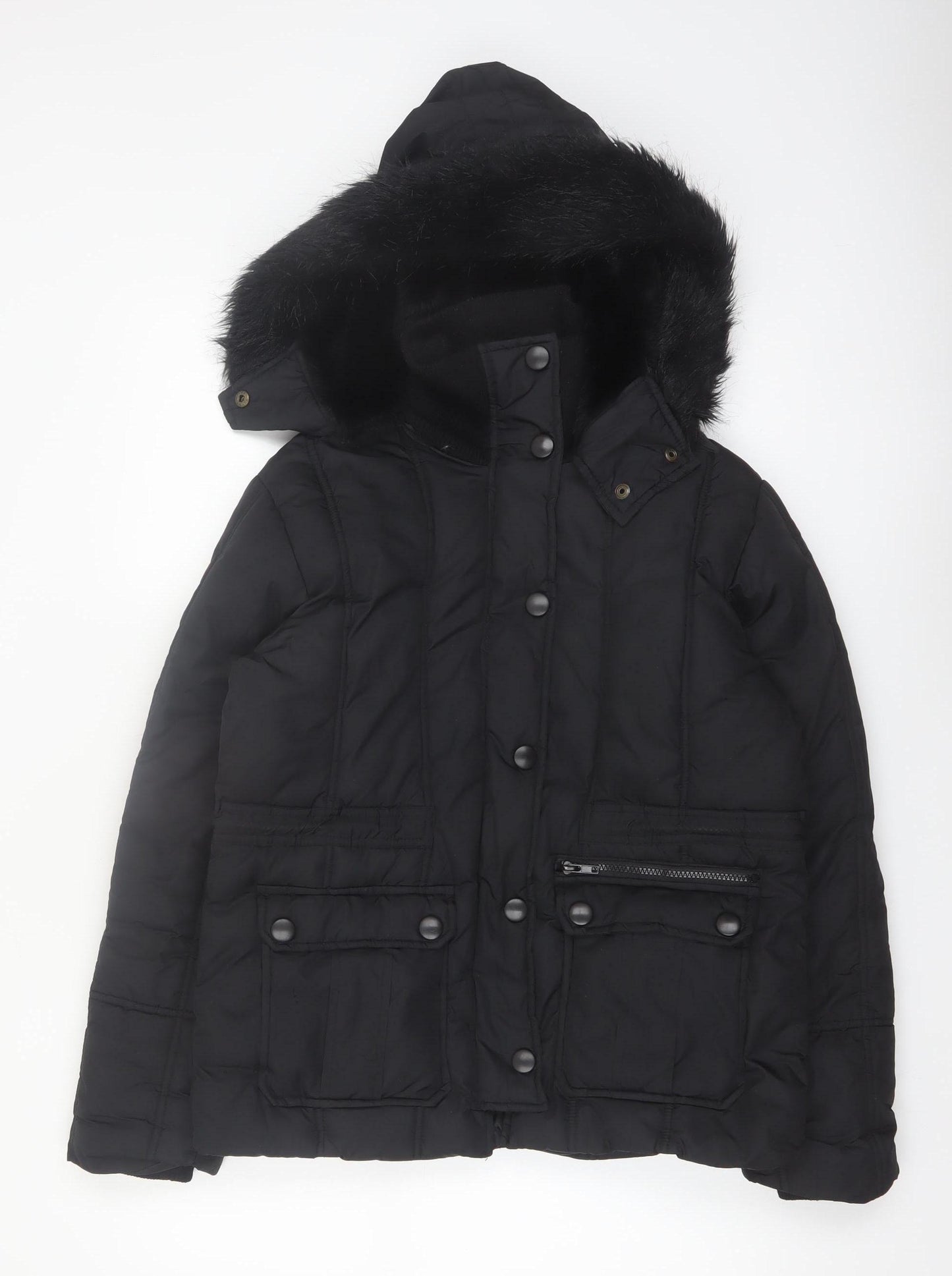St. Bernard Women’s Black Hooded Puffer Jacket Size 8 Faux Fur Trim