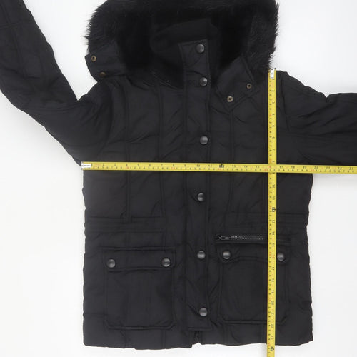 St. Bernard Women’s Black Hooded Puffer Jacket Size 8 Faux Fur Trim