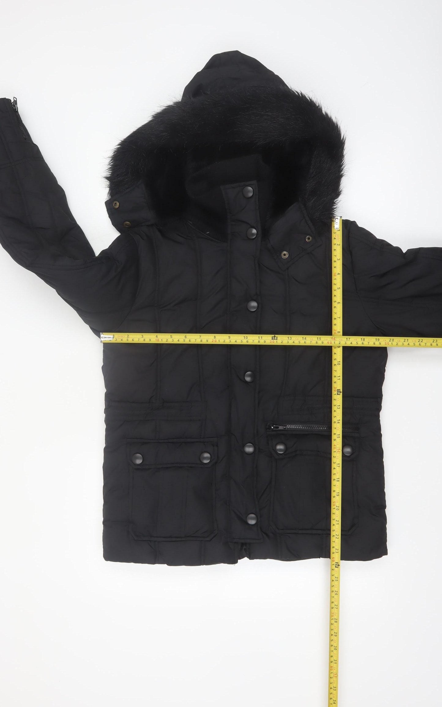 St. Bernard Women’s Black Hooded Puffer Jacket Size 8 Faux Fur Trim