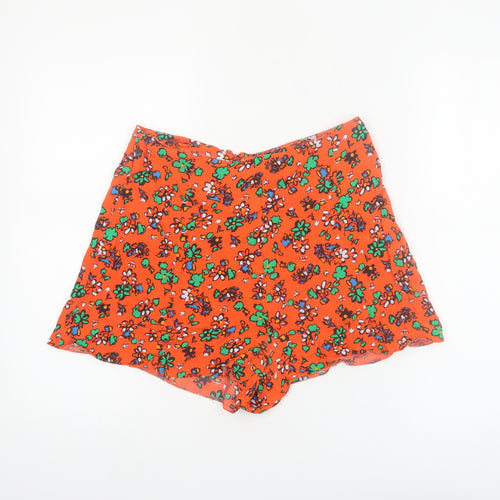 Topshop Women Orange Floral Print High Waist Viscose Shorts Size 10