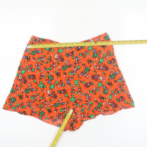 Topshop Women Orange Floral Print High Waist Viscose Shorts Size 10