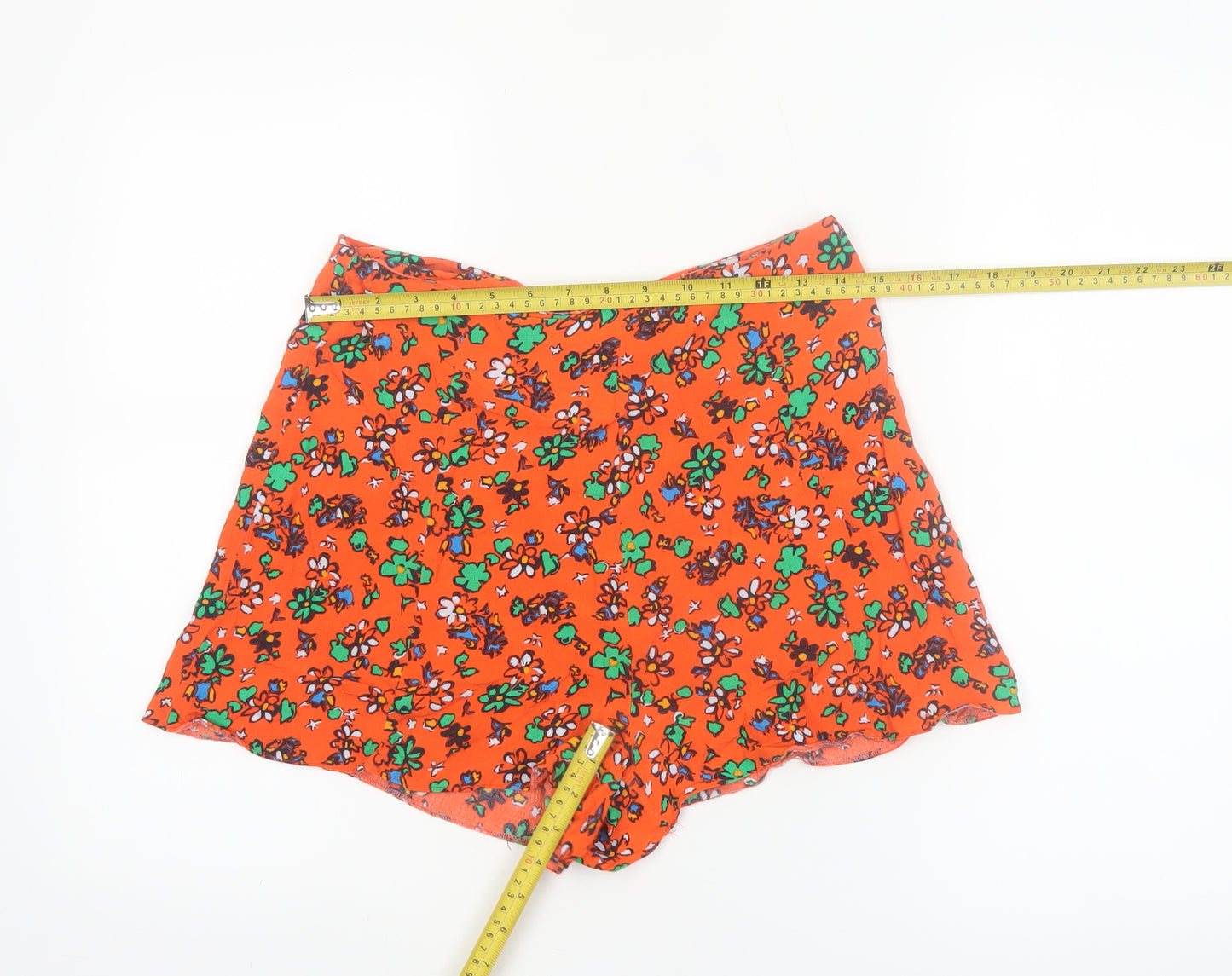 Topshop Women Orange Floral Print High Waist Viscose Shorts Size 10