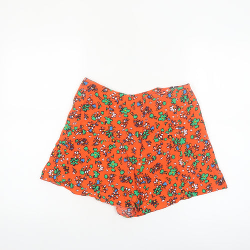 Topshop Women Orange Floral Print High Waist Viscose Shorts Size 10