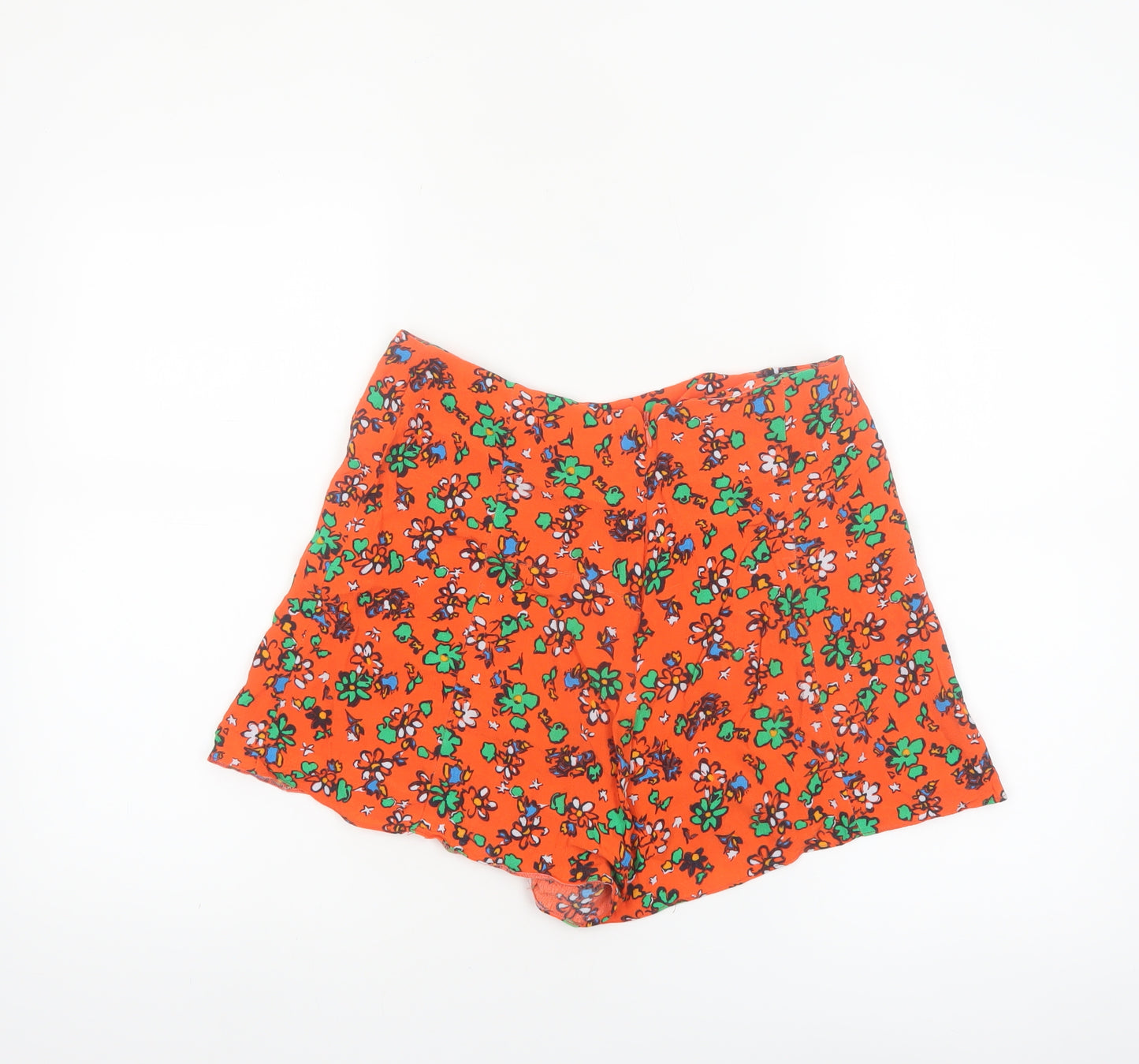 Topshop Women Orange Floral Print High Waist Viscose Shorts Size 10