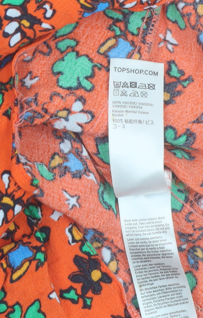 Topshop Women Orange Floral Print High Waist Viscose Shorts Size 10