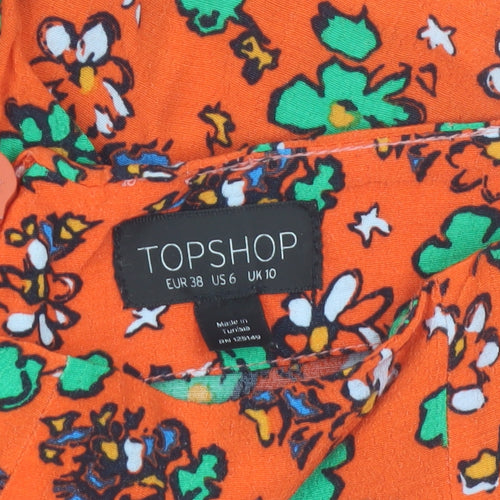 Topshop Women Orange Floral Print High Waist Viscose Shorts Size 10
