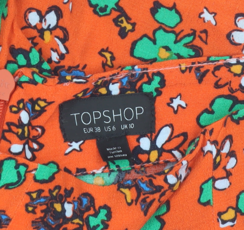Topshop Women Orange Floral Print High Waist Viscose Shorts Size 10