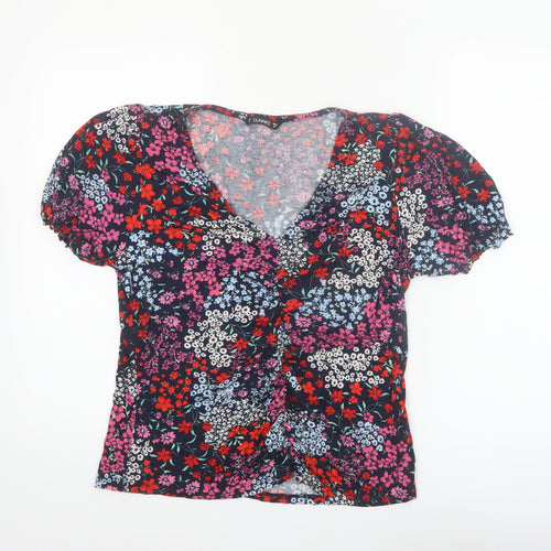 Dunnes Women's Multicoloured Floral V-Neck Puff Sleeve Blouse Size 16