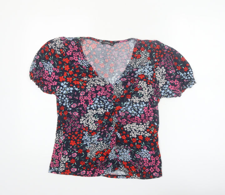 Dunnes Women's Multicoloured Floral V-Neck Puff Sleeve Blouse Size 16