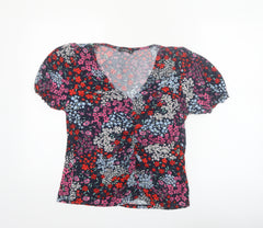 Dunnes Women's Multicoloured Floral V-Neck Puff Sleeve Blouse Size 16