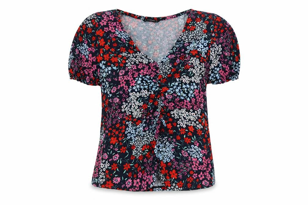 Front view of Dunnes Women's Multicoloured Floral V-Neck Puff Sleeve Blouse, size 16