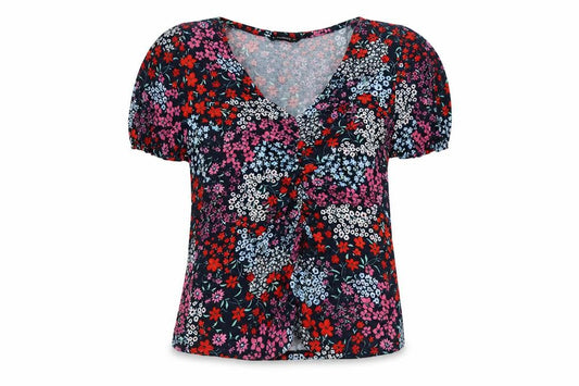 Front view of Dunnes Women's Multicoloured Floral V-Neck Puff Sleeve Blouse, size 16