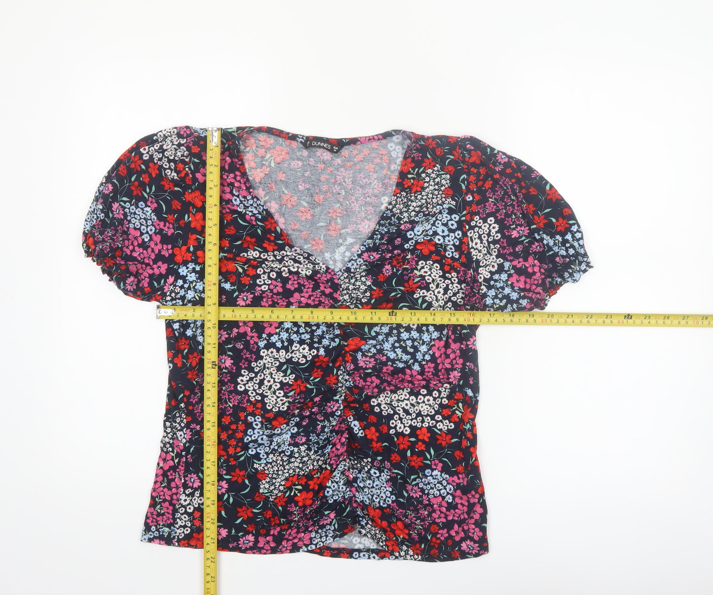 Dunnes Women's Multicoloured Floral V-Neck Puff Sleeve Blouse Size 16
