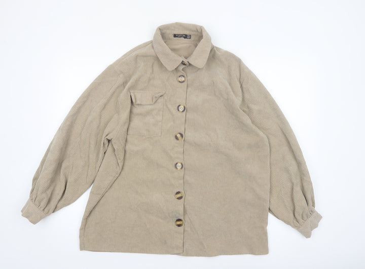 Nasty Gal Women Beige Corduroy Button-Up Long Sleeve Shirt UK 10