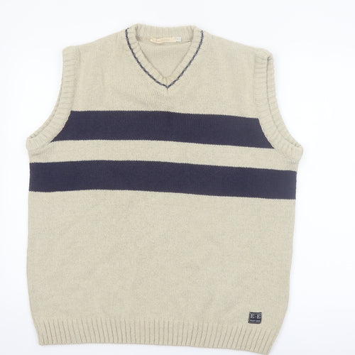 East End Men's Beige Striped Cotton V-Neck Sleeveless Vest L