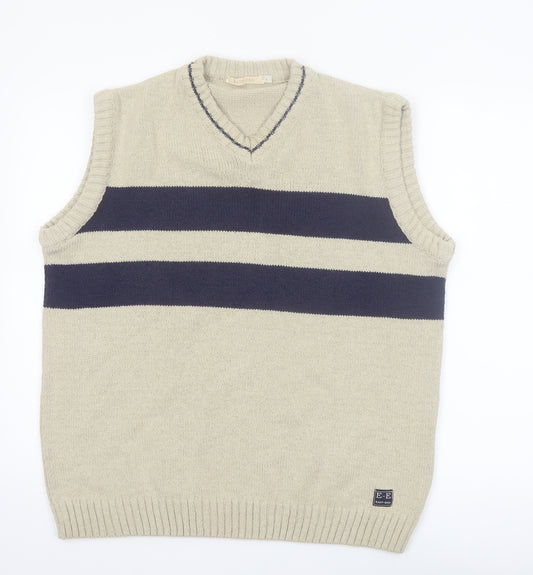 East End Men's Beige Striped Cotton V-Neck Sleeveless Vest L