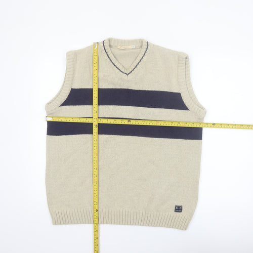 East End Men's Beige Striped Cotton V-Neck Sleeveless Vest L