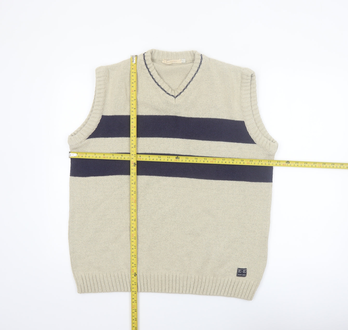 East End Men's Beige Striped Cotton V-Neck Sleeveless Vest L