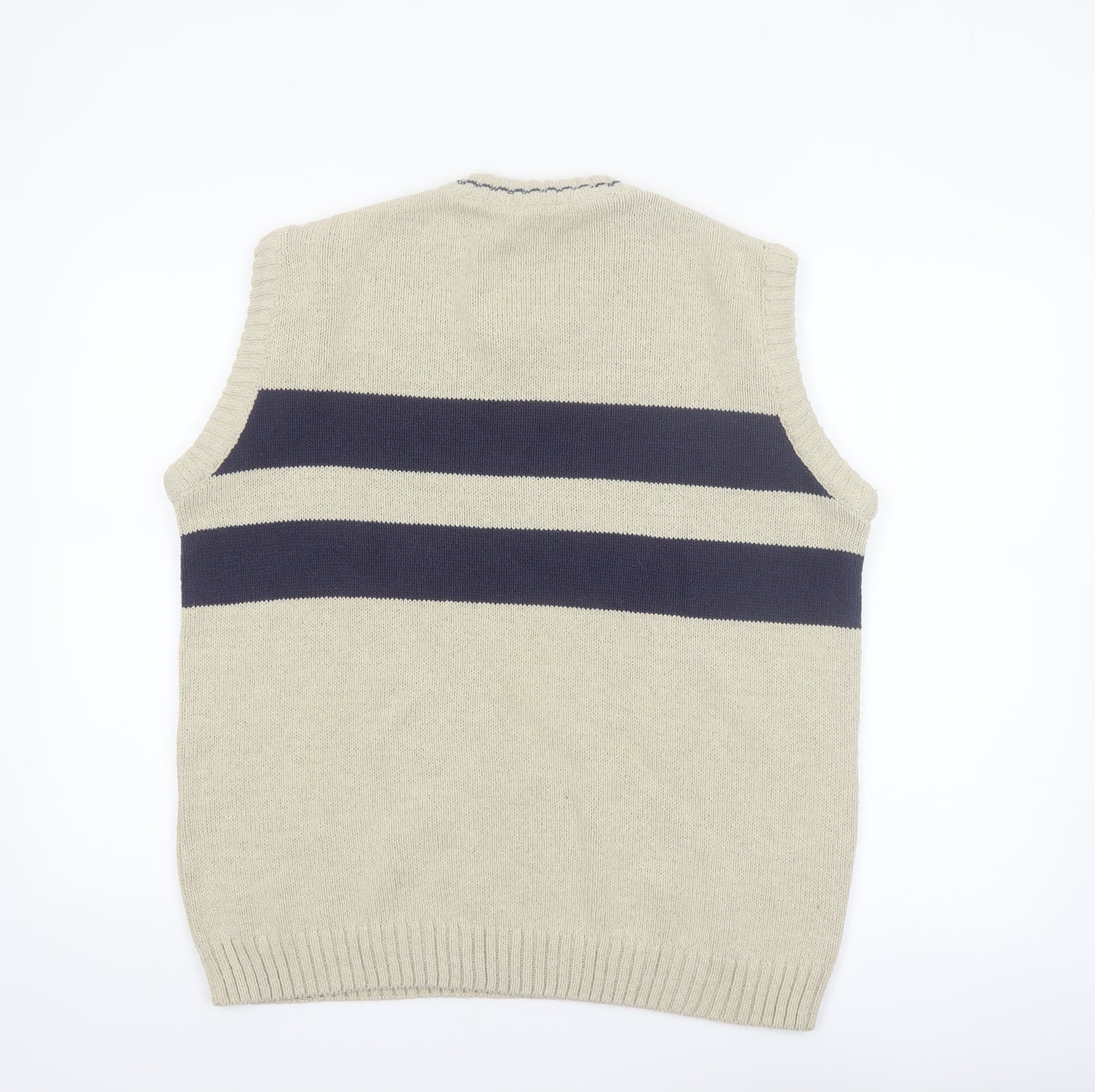 East End Men's Beige Striped Cotton V-Neck Sleeveless Vest L