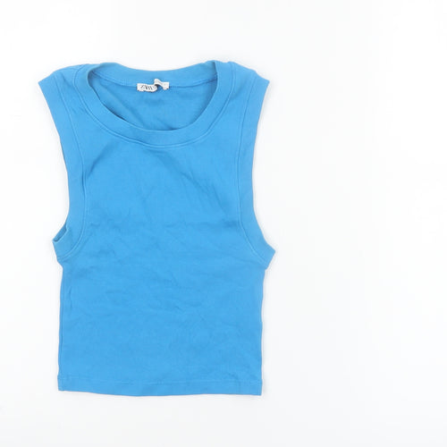 ZARA Women Blue Cotton Sleeveless Basic Tank Top S