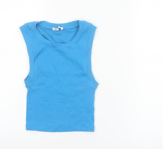 ZARA Women Blue Cotton Sleeveless Basic Tank Top S