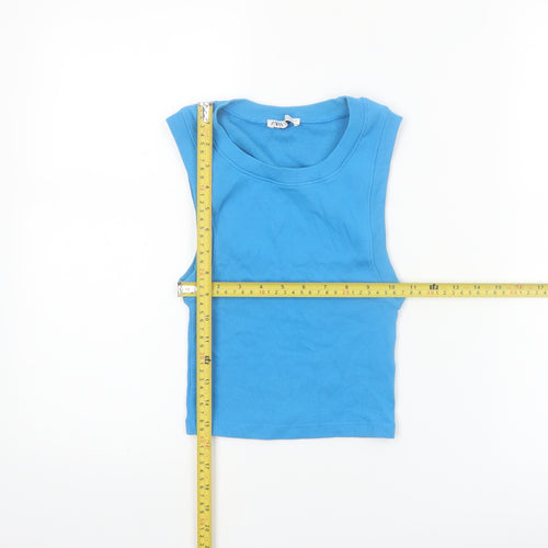ZARA Women Blue Cotton Sleeveless Basic Tank Top S