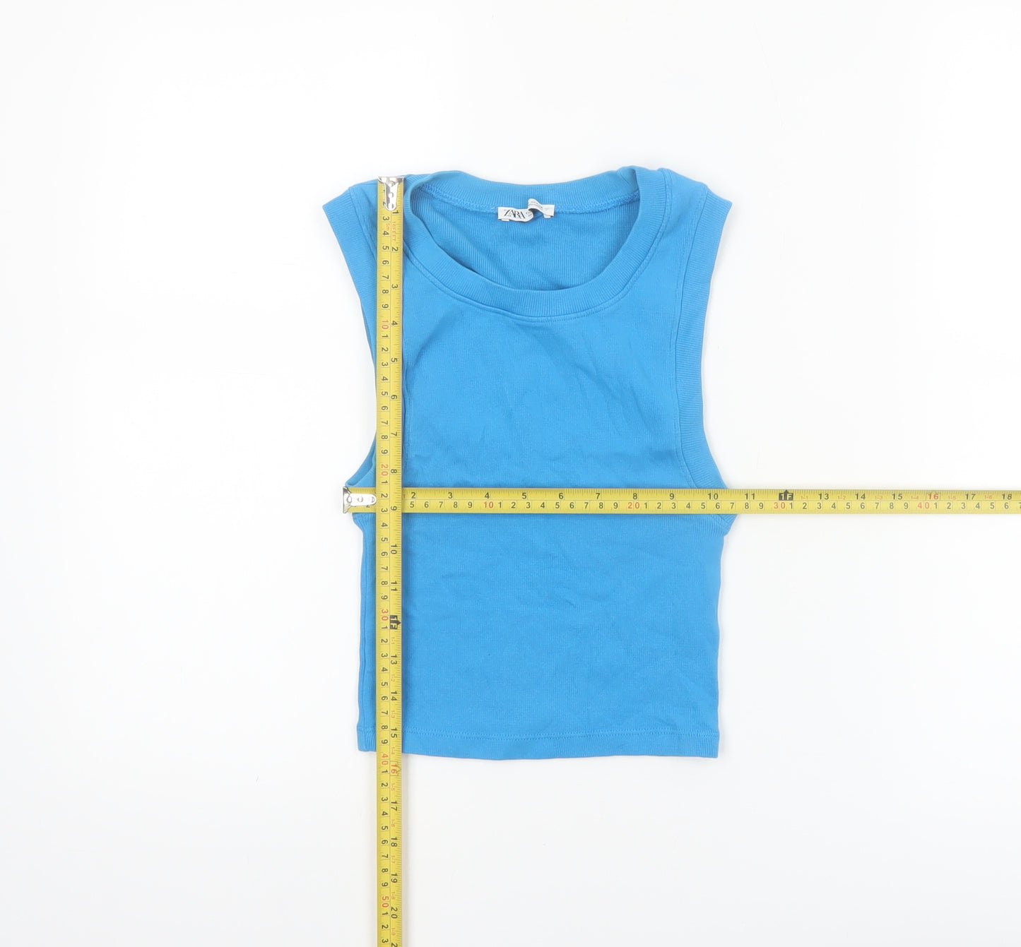 ZARA Women Blue Cotton Sleeveless Basic Tank Top S