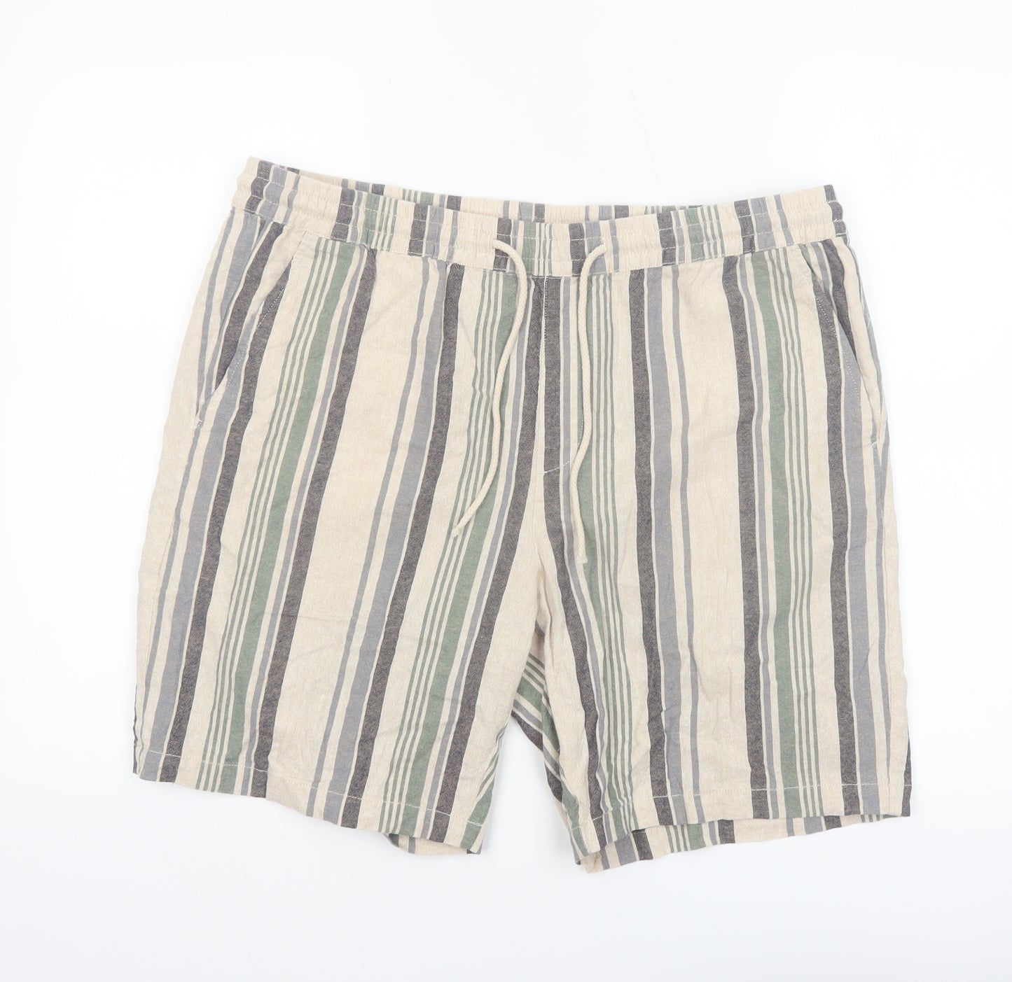 Dunnes Stores Men's Beige Striped Linen Cotton Drawstring Shorts 36in