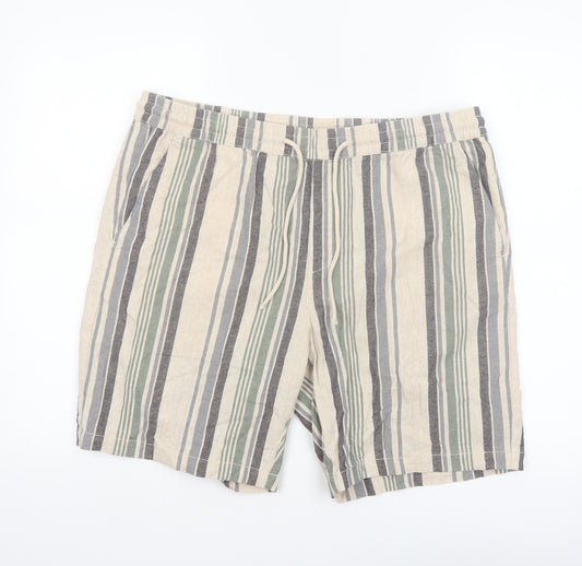 Dunnes Stores Men's Beige Striped Linen Cotton Drawstring Shorts 36in