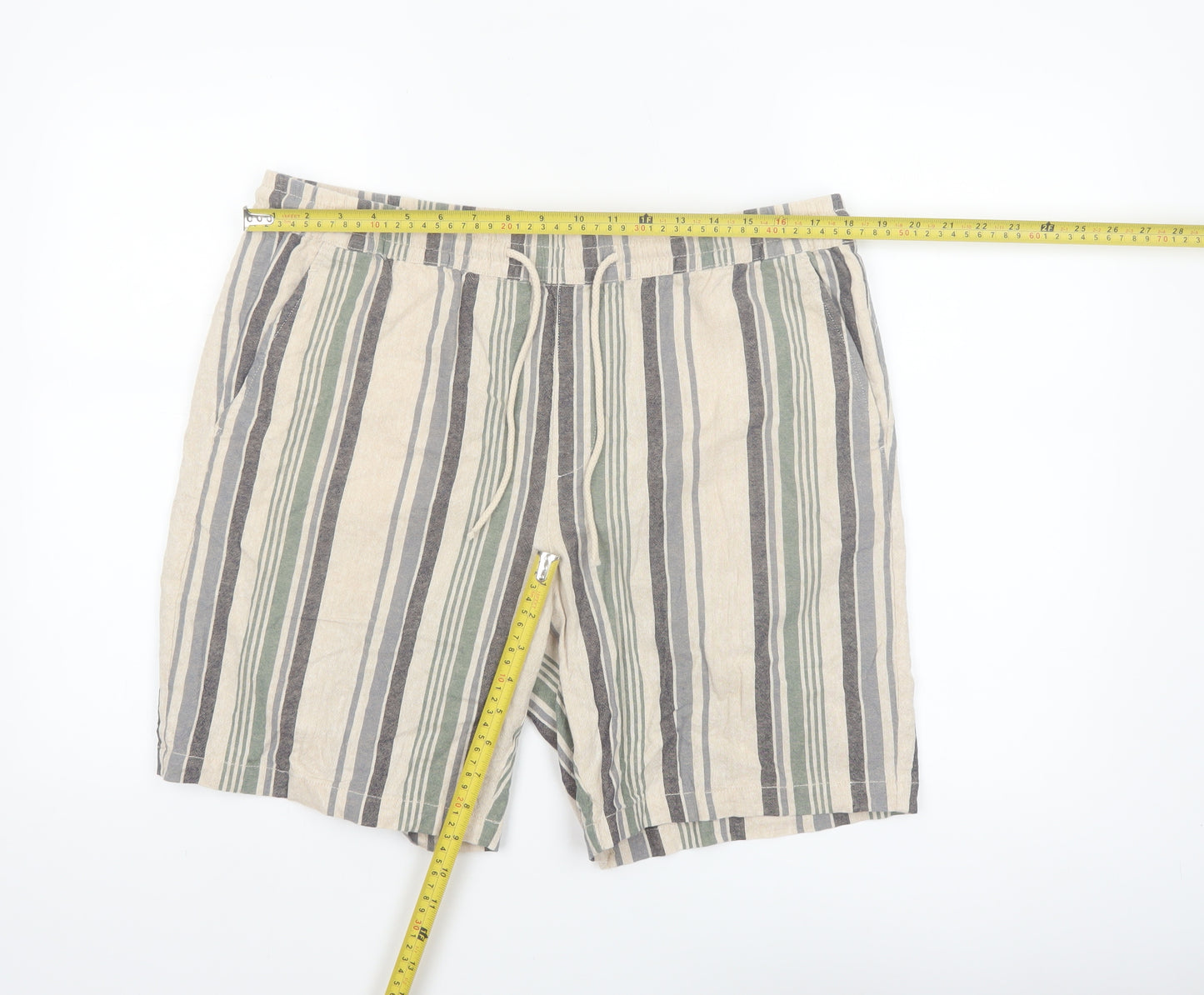 Dunnes Stores Men's Beige Striped Linen Cotton Drawstring Shorts 36in