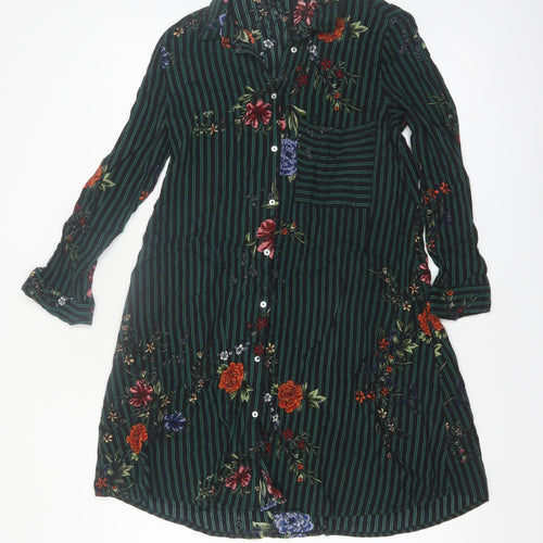 Stradivarius Women Green Floral Stripe Shirt Dress Size 8