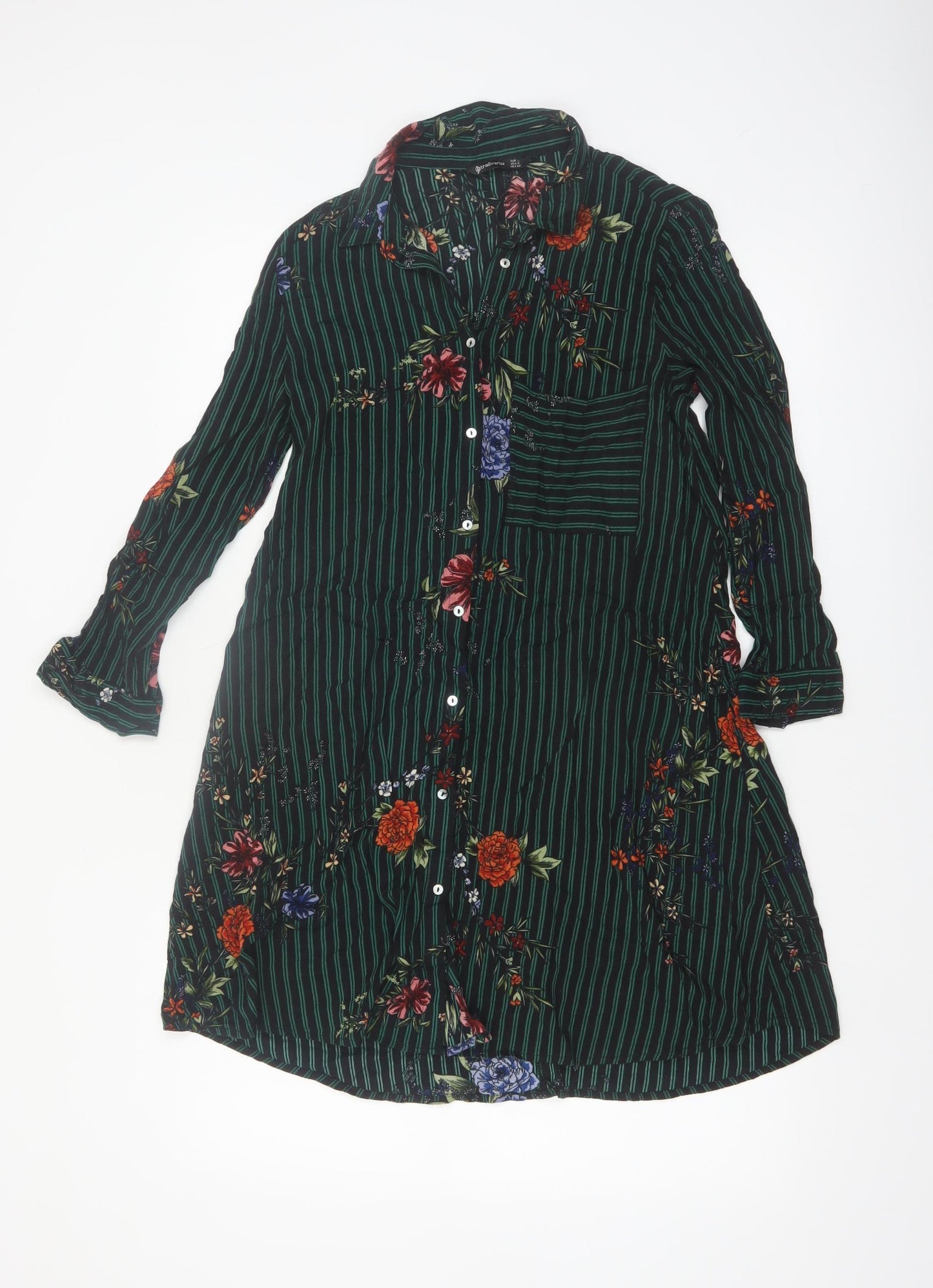 Stradivarius Women Green Floral Stripe Shirt Dress Size 8