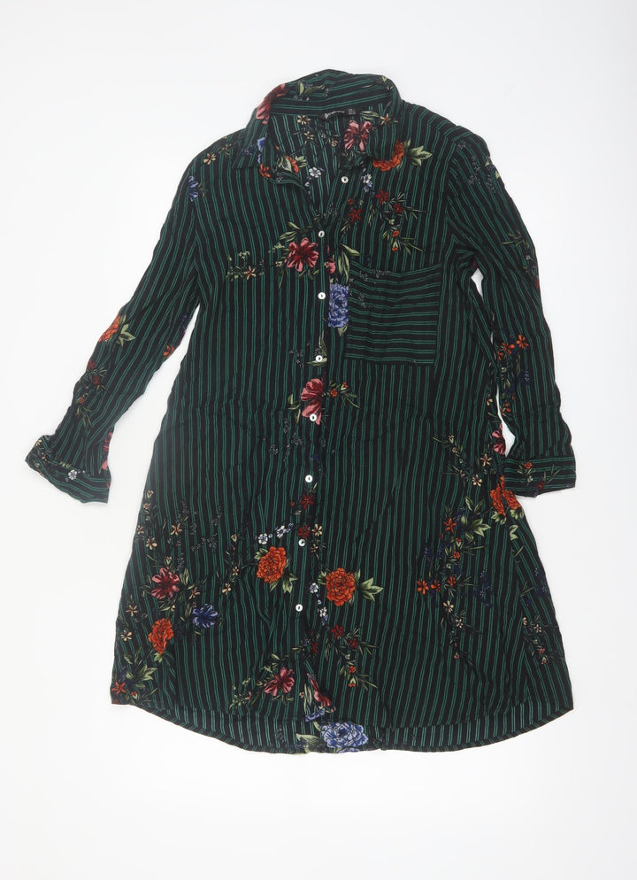 Stradivarius Women Green Floral Stripe Shirt Dress Size 8