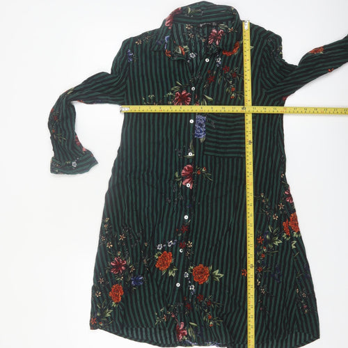 Stradivarius Women Green Floral Stripe Shirt Dress Size 8