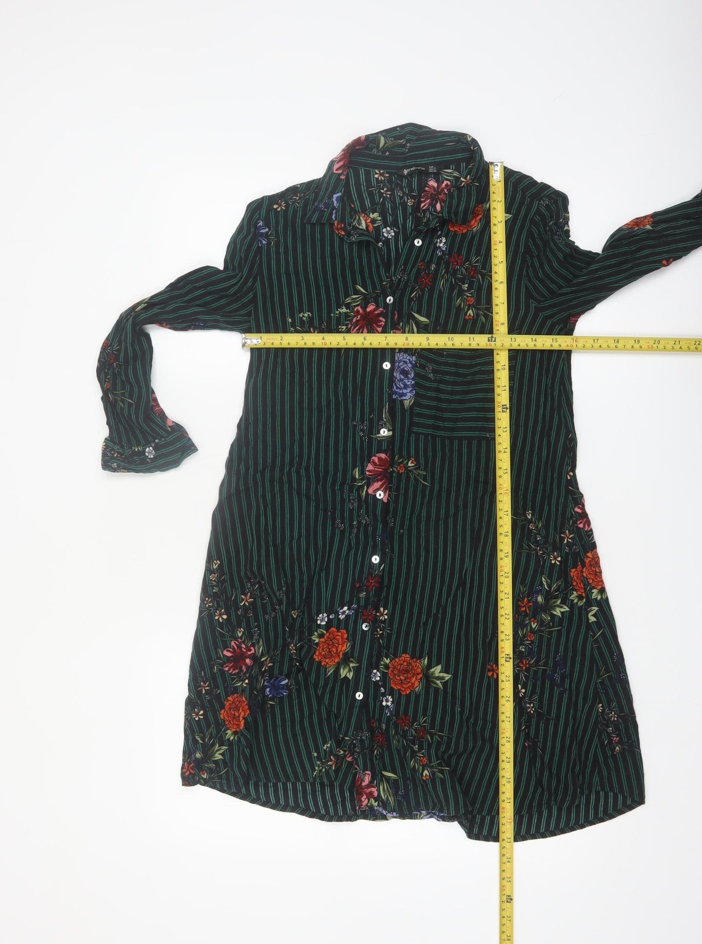 Stradivarius Women Green Floral Stripe Shirt Dress Size 8