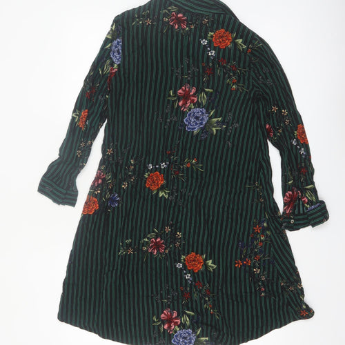 Stradivarius Women Green Floral Stripe Shirt Dress Size 8