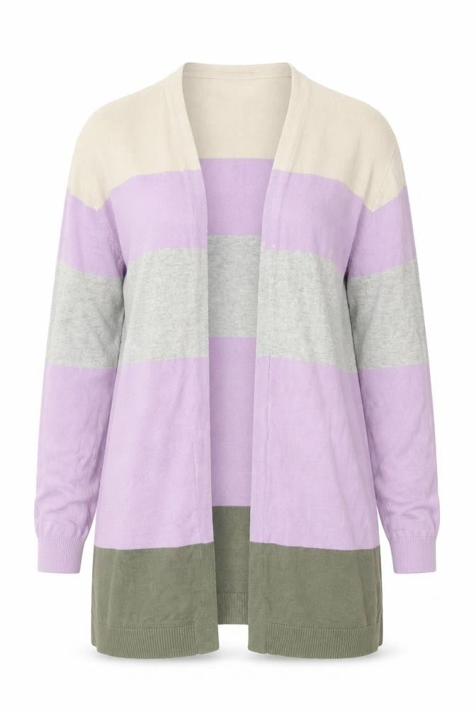 Front view of Cotton Traders women’s multicoloured striped cardigan, size UK 14