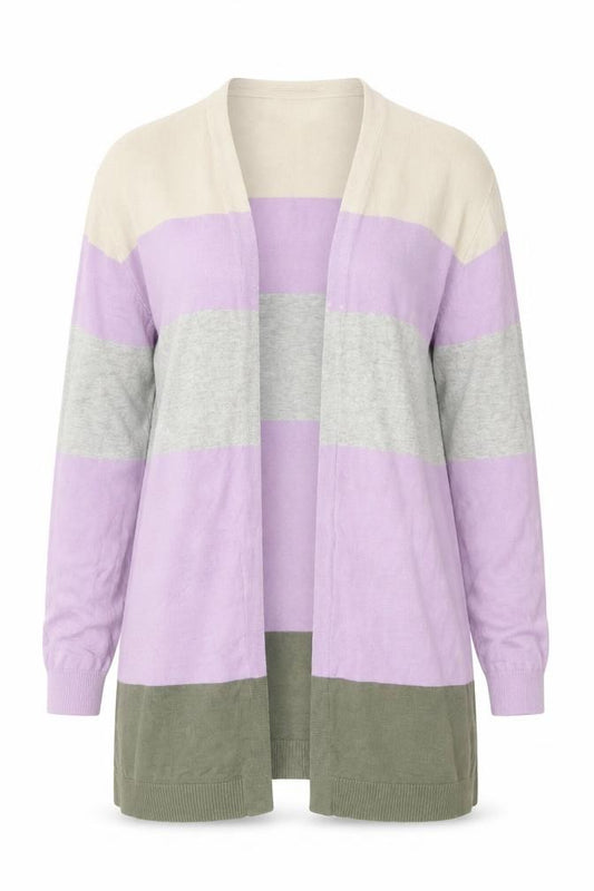 Front view of Cotton Traders women’s multicoloured striped cardigan, size UK 14