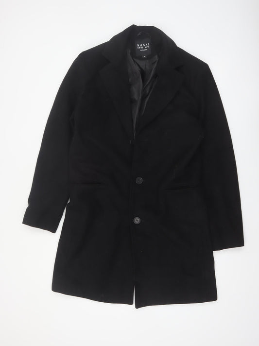 boohooMAN Men's Black Mid-Length Overcoat Size M Classic Style