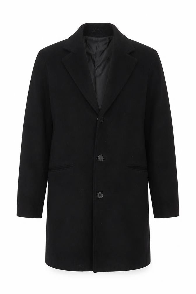 Front view of boohooMAN Men's Black Mid-Length Overcoat, size M, Classic Style