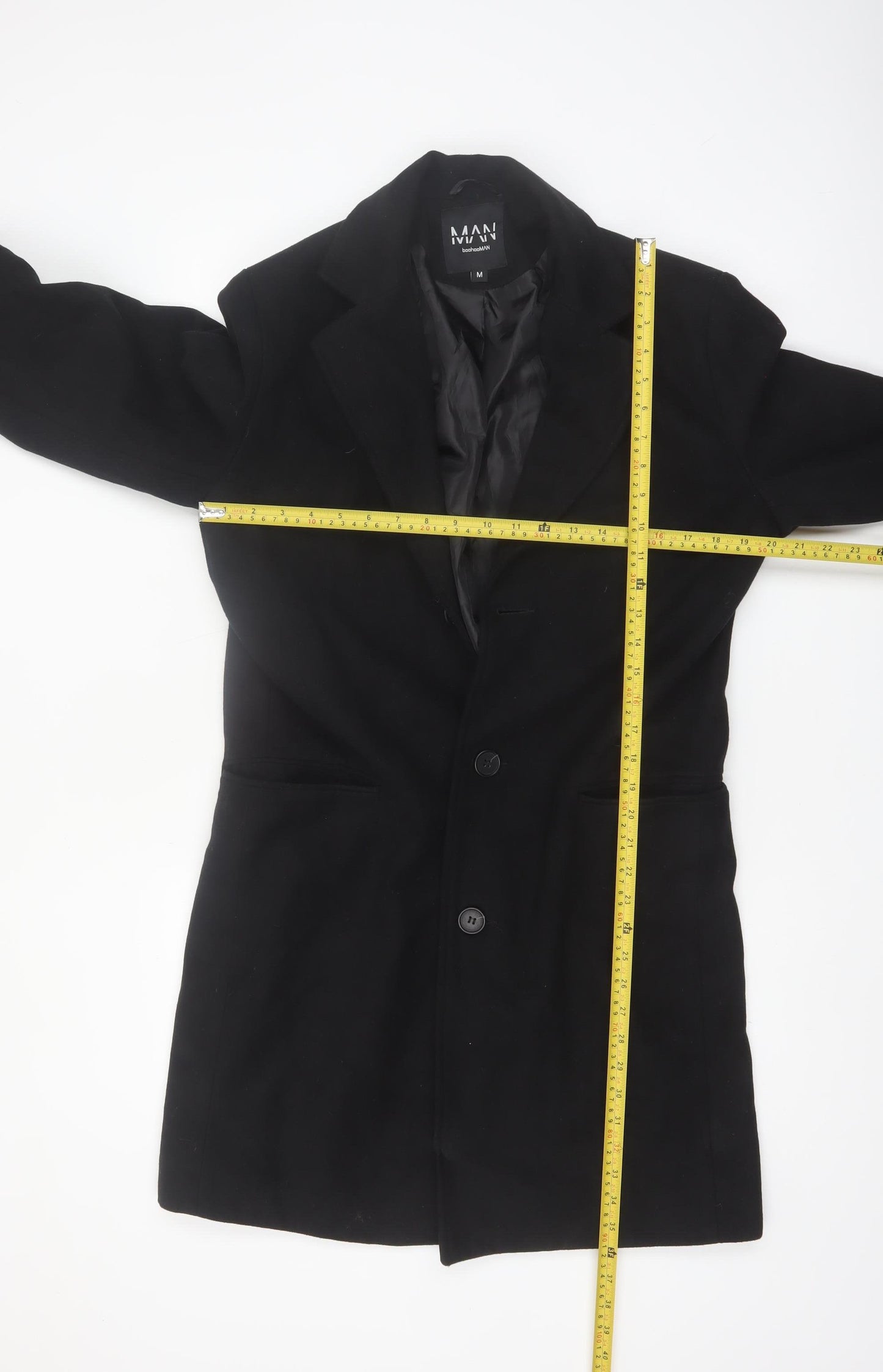 boohooMAN Men's Black Mid-Length Overcoat Size M Classic Style