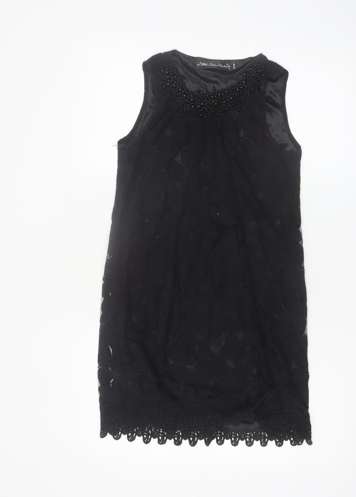 Mela Loves London Womens Black Sleeveless Beaded Lace Shift Dress S
