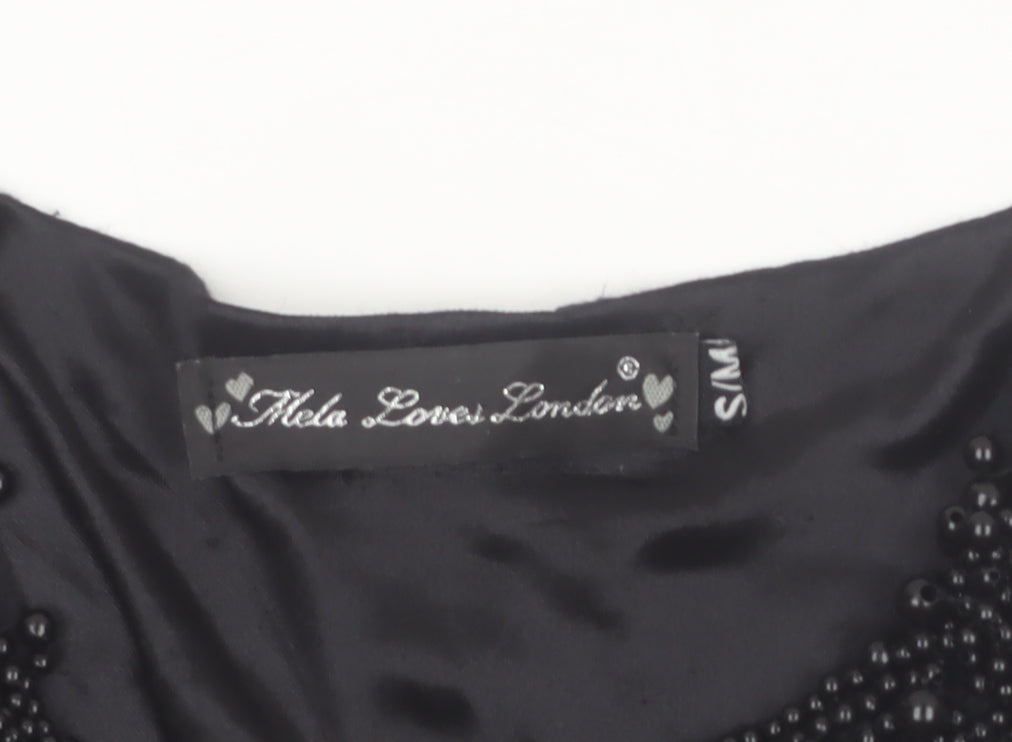 Mela Loves London Womens Black Sleeveless Beaded Lace Shift Dress S