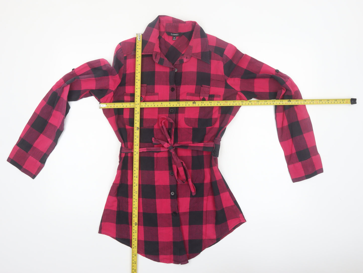 Dunnes Women Red Check Flannel Button-Up Tunic Shirt Size 10