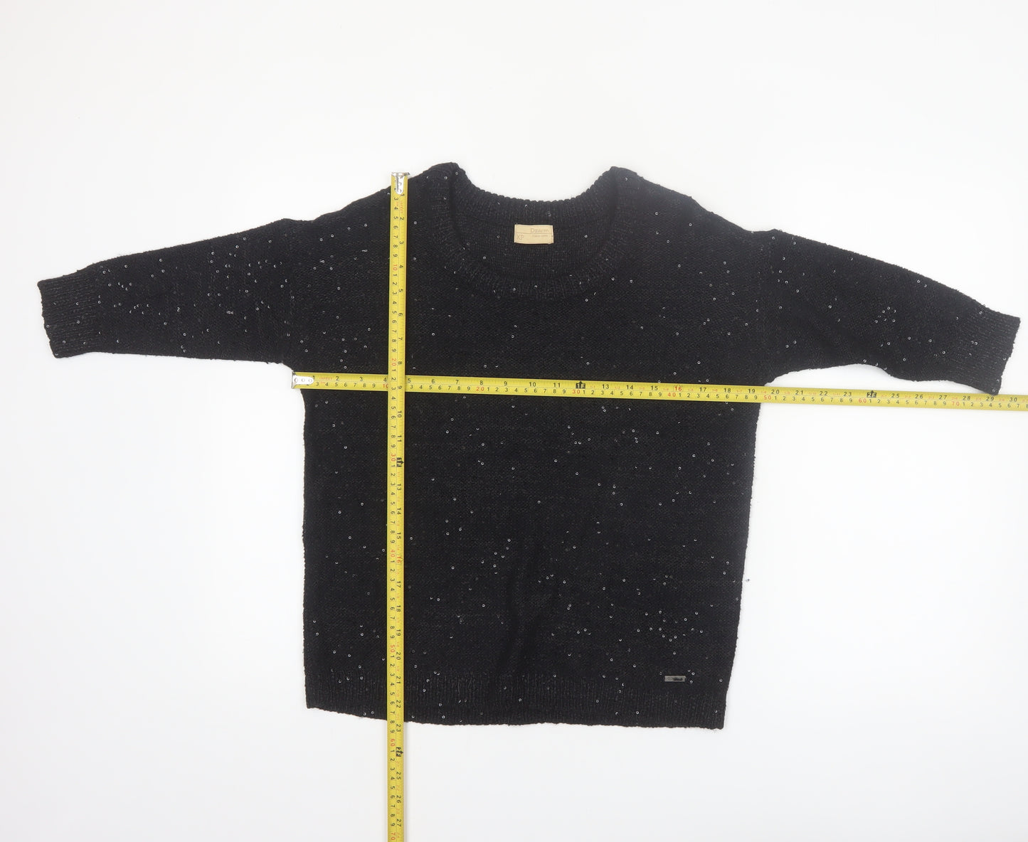Dzarm Womens Black Sequin Knit Pullover Jumper Size 2XS