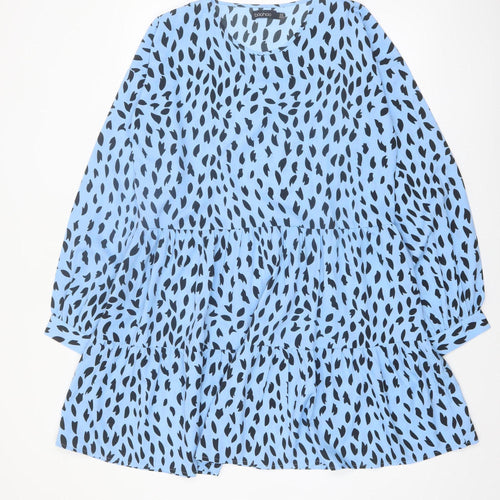 Boohoo Women Blue Animal Print Smock Dress Size 14 Long Sleeve