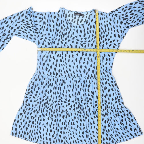 Boohoo Women Blue Animal Print Smock Dress Size 14 Long Sleeve