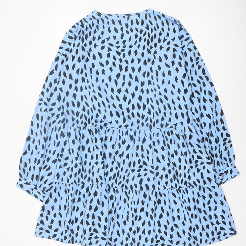Boohoo Women Blue Animal Print Smock Dress Size 14 Long Sleeve