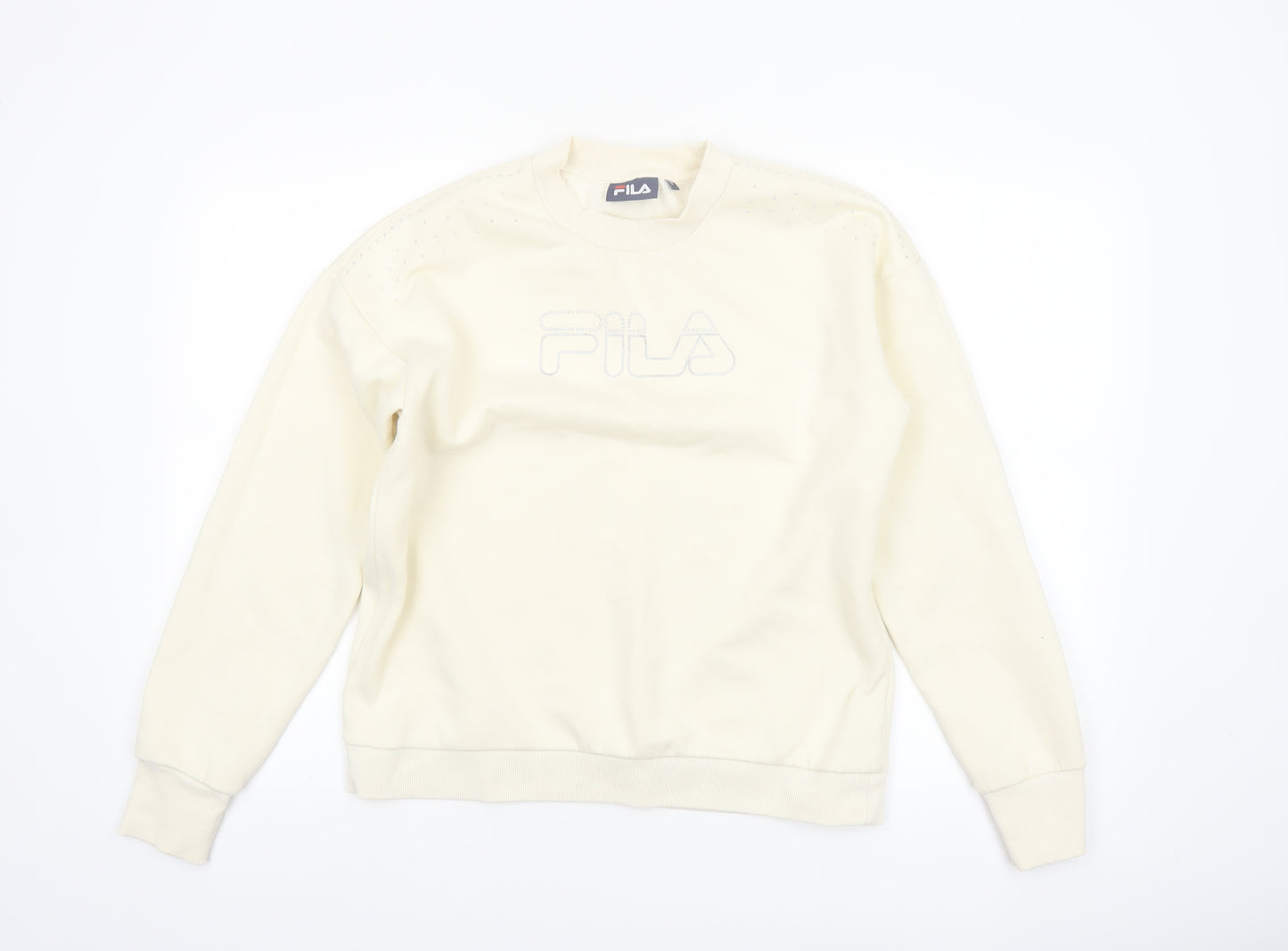 FILA Women Beige Small Crew Neck Pullover Sweatshirt Classic Logo